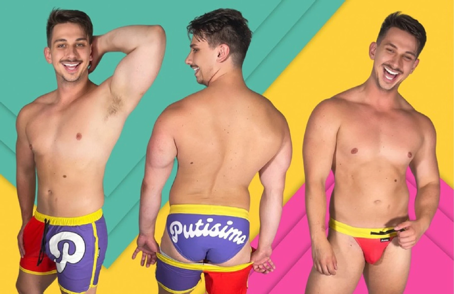 Putisimo models wearing colorful Carnival swim shorts and swim briefs